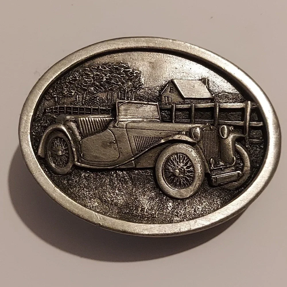 Vintage 1984 Bergamot Brass Works Car Scene Belt Buckle U-143 Made In USA Silver